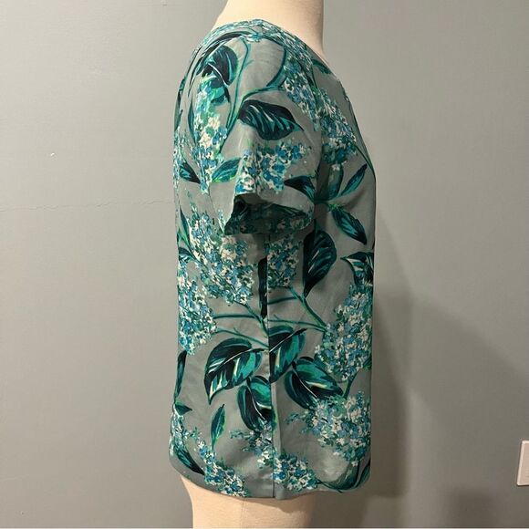 J. Crew Green & Blue Hydrangea Floral Print Short Sleeve Blouse Size Small - Picture 2 of 6